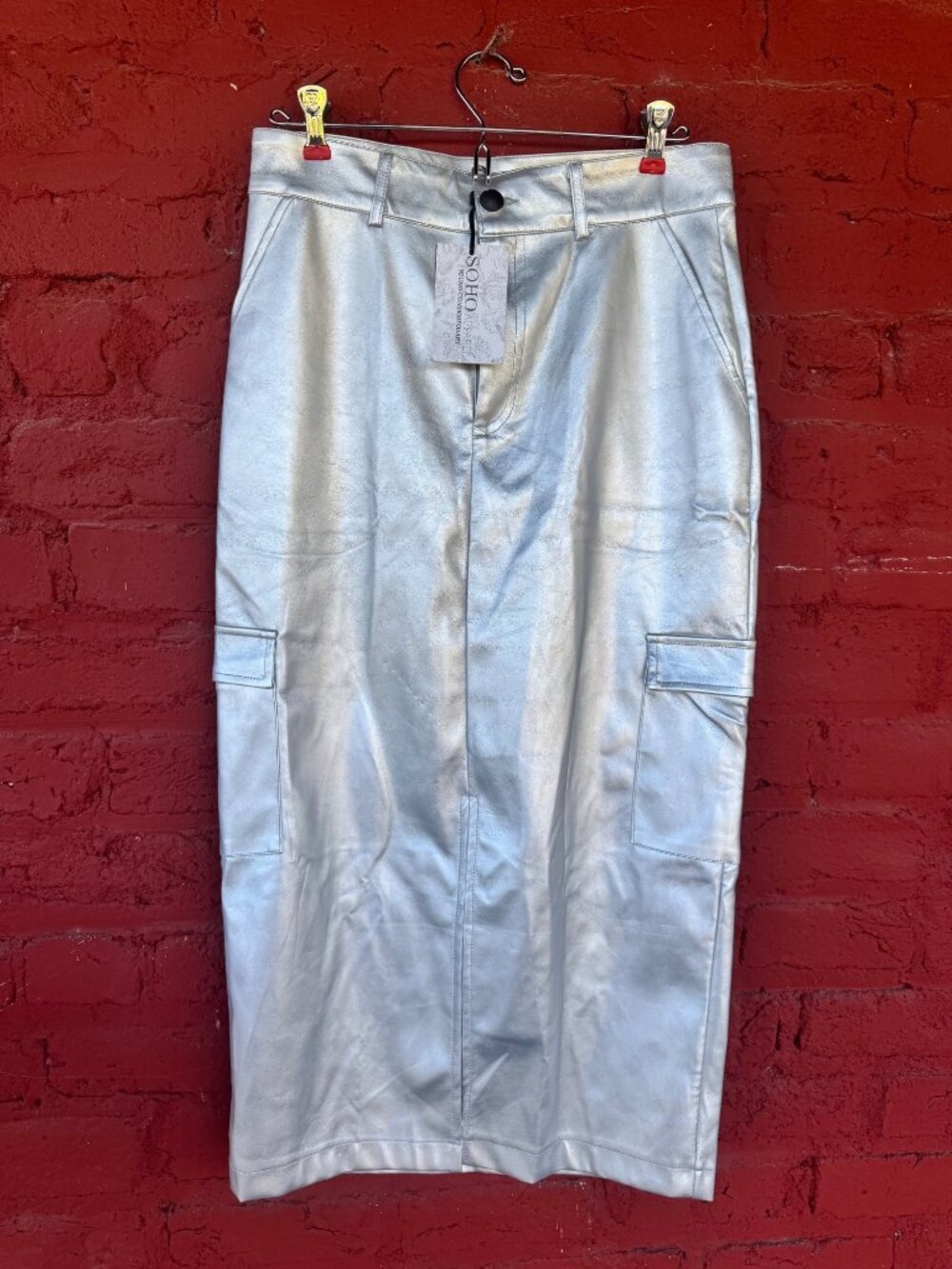 SOHO NWT Silver Metallic Cargo L Midi Skirt Y2K Futuristic Utility Streetwear